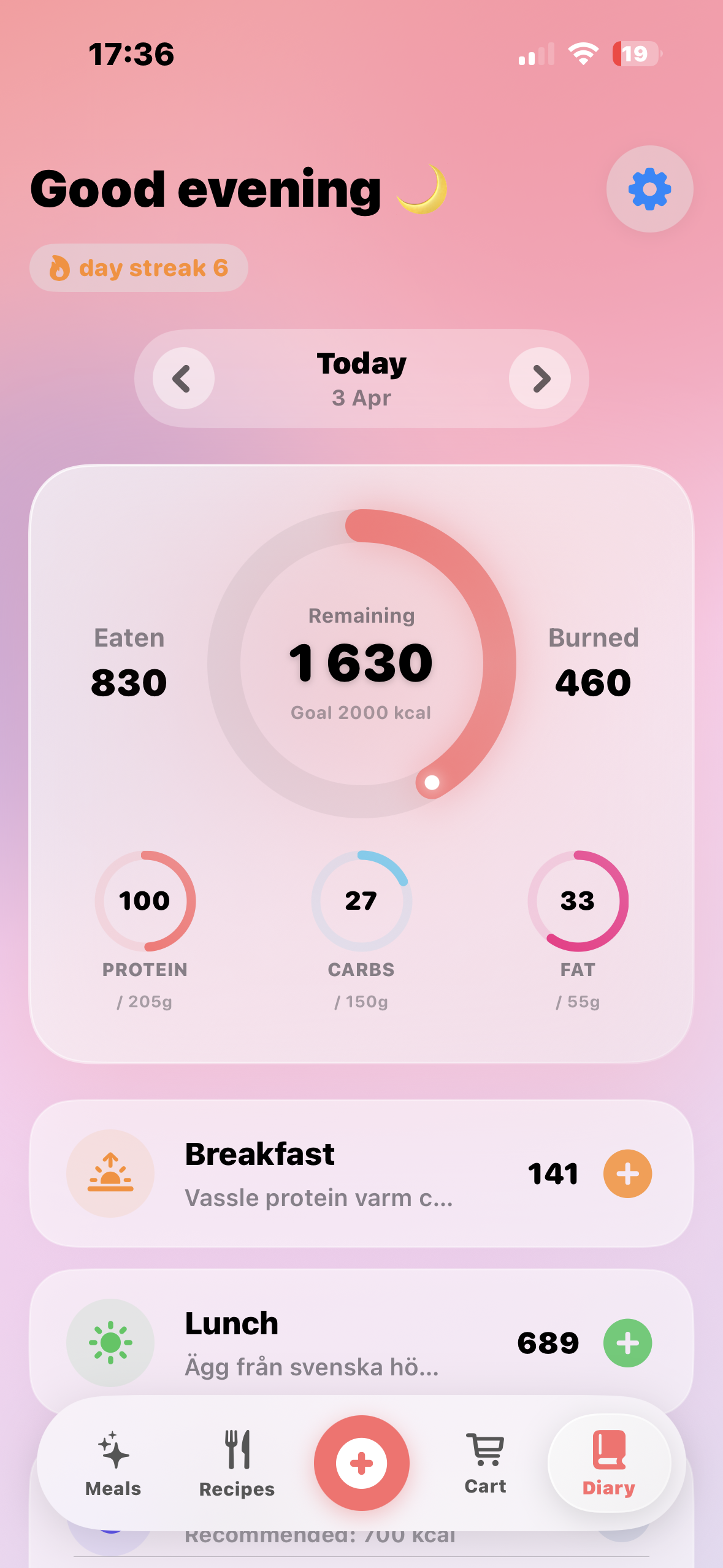 RecipeBud nutrition diary with streaks