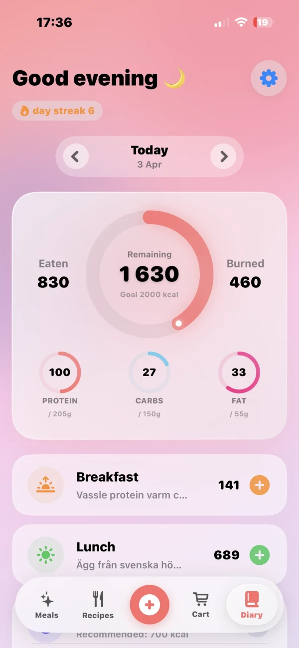 RecipeBud nutrition diary with streaks